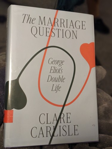 A hardcover copy of The Marriage Question.  The background is pale blue, with two intertwining flowers, one green and the other red.