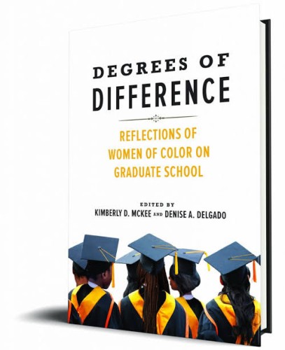 The image of the book standing up with an illustrated shadow. The book is white and at the bottom is 6 women of color in graduation garb, the hats and coats blue, the sashes and fringe yellow