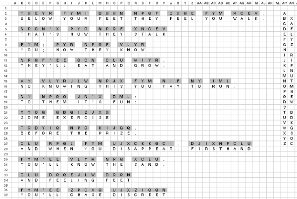a screenshot of an Excel sheet showing a cypher decoded (see post above this for decryption)