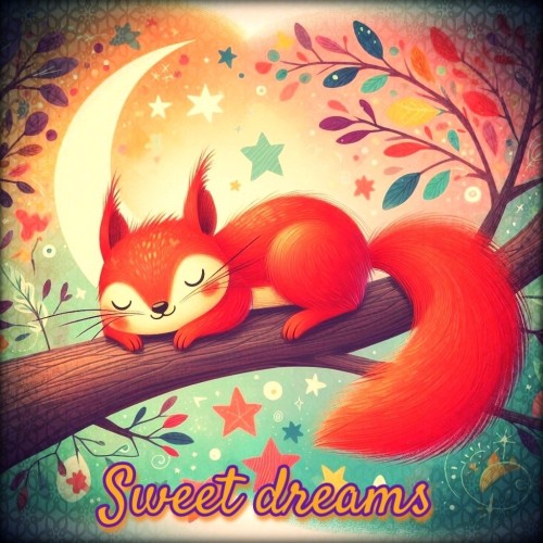 Edited AI image of a sleeping squirrel on a tree branch, with some stars and a half moon. Text on the image says "Sweet dreams".
