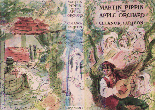 The back side and front cover of Martin Pippin in the Apple Orchard by Eleanor Farjeon. The pictures are pen & ink and watercolors in a flowy, romantic style. The back shows a girl putting her head down on a well in a well house. The side shows a young woman in pink on a swing, with apples in her lap. The front shows a young man playing a string instrument; there are several girls nearby listening to him, but his attention is on the woman in the swing. 