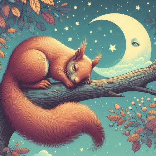 AI image of a sleeping squirrel on a tree branch. For some reason, the moon has one sleepy eye and it's keeping that on the squirrel. 