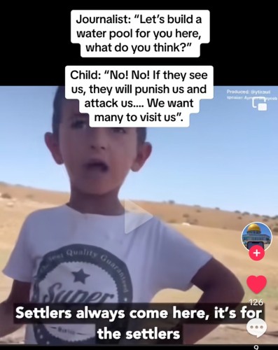 Palestinian child responding to reporter offer to build him a little pool