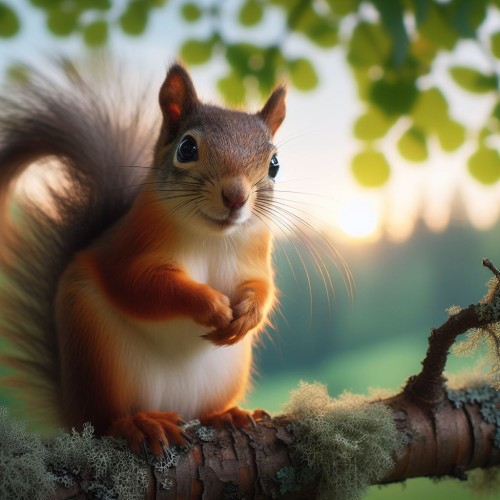 AI image of an interested Squirrel, sitting on a tree branch, with the sun coming from behind him. 