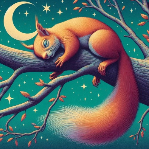 AI image of a squirrel, hanging on a tree branch, sleeping, with the moon and stars in the background.