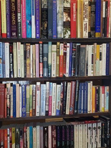 A photo of a simple old bookshelf, crammed with dozens of colorful books of many different titles.