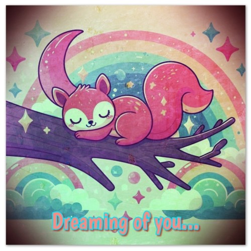 Silly AI image of a squirrel sleeping on a tree branch. I asked for rainbow colors so next to a moon and starts, there's also a rainbow... Just because AI can haha! Text on the image says "Dreaming of you...".