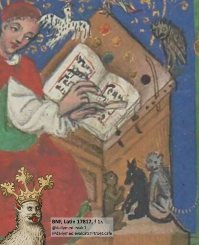 Picture from a medieval manuscript: A scribe is accompanied by a cat and other animals.