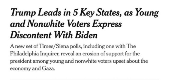 Trump Leads in 5 Key States, as Young
and Nonwhite Voters Express
Discontent With Biden
A new set of Times/Siena polls, including one with The
Philadelphia Inquirer, reveal an erosion of support for the
president among young and nonwhite voters upset about the
economy and Gaza.