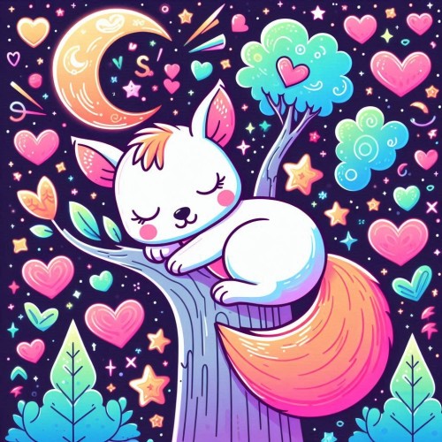 Colorful AI image of a squirrel, sleeping in a tree, under a moon, stars and hearts. 