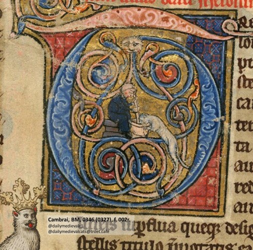 Picture from a medieval manuscript: A white cat takes food