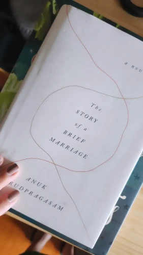 Photo of a book called The Story of a Brief Marriage by Anuk Arudpragasam. The book cover is milky white with thin intersecting lines.