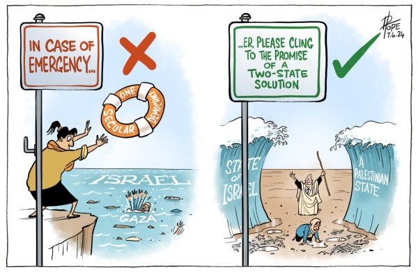 Left panel, marked with a red cross:
Pole with hook for life ring and sign saying "In case of emergency ..."
Person on clifftop throws life ring, on which is written "One secular Democracy" to people in water, surrounded by wreckage, between the words "Israel" and "Gaza". 

Right panel, marked with a green tick:
Pole with sign  saying "... er, please cling to the promise of a two-state solution"
Robed man with staff stands on seafloor between parted waters, hands outstretched. Person in hijab on hands & knees in foreground. The waters are marked "State of Israel" on the left and "A Palestinian state" on the right.