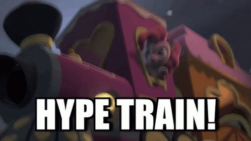 A looping animation of an adorable purple horse pumping its fist as it looks out the side window of a purple and yellow locomotive. The words "Hype Train" appear below the image.