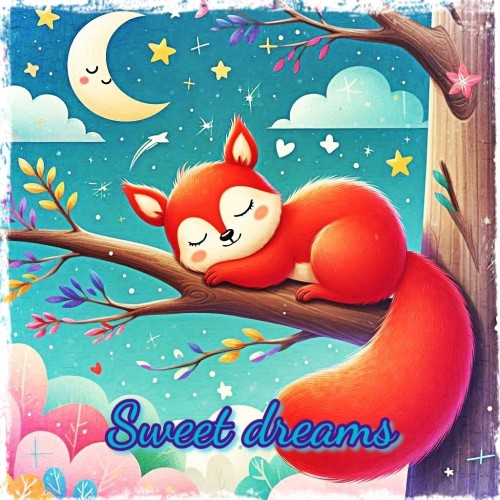 Edited AI image of a squirrel, sleeping on a tree branch, with a moon and stars. On the image text that says "Sweet dreams".