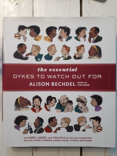 The comic book "The Essential Dykes to Watch Out For". It is a hardback book with a white background. In the middle is the title of the book and the name of the author, Alison Bechdel. Above and below the centre section are colour drawings of the main characters Mo, Lois, Sydney, Sparrow, Ginger, Stuart and Clarice.