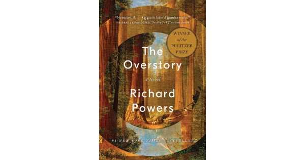 The Overstory, by Richard Powers. Cover utilizes concentric circles to reflect all nature as part of an interdependent ecosystem. The great trees are the stars. 