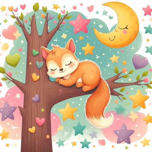 AI image of a squirrel, sleeping on a tree branch, surrounded by a moon and colorful stars and hearts. 