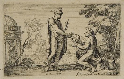 Etching on paper of Hermes gifting someone a lyre, possiblcy Apollon or Amphion.