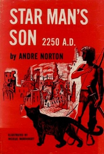 Red monochrome cover with some white and black. Protagonist standing at three quarters view with large cat, over looking ruins of a bombed out city. Protag is armed with a bow. Title in white text, author name in black text, all caps font. 