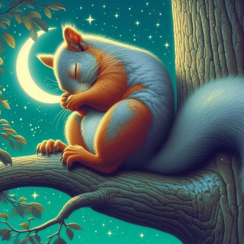 AI image of a squirrel, sitting on a tree branch, sleeping, with the moon and stars in the background.