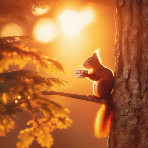 AI image of a Squirrel on a tree branch in the morning sun, enjoying a cup of tea. 