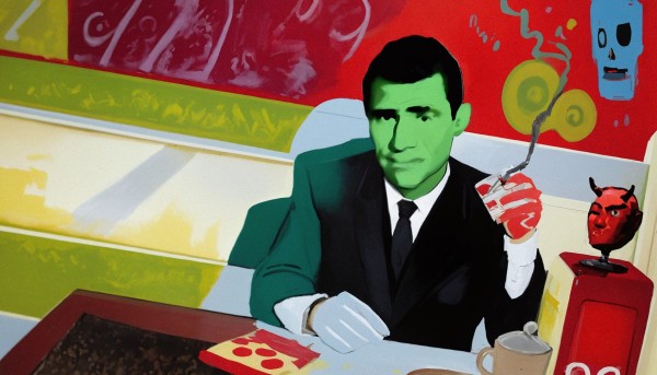 Imagine If You Will... A New Circle of Hell," a digital image by Johnny Profane Âû. In a diner with a vividly colored, abstract mural background, Rod Serling, a white male with a five-o'clock shadow, is depicted smoking a cigarette. He's dressed in a black suit with a white shirt and black tie. His skin is painted an unnatural green, adding a surreal touch. In front of him on the table is a slice of pizza, a napkin dispenser, and a sugar bowl. On top of the napkin dispenser sits a devil's head bobble toy, adding a quirky element to the scene. The art style is rough and expressive, reminiscent of Basquiat, with bold, chaotic strokes and vibrant colors. The background transitions from dark to light, highlighting Serling's figure in the center. This image captures the surreal and chaotic nature of navigating social pressures and forced interactions, reflective of the themes in the accompanying text about the challenges of maintaining authenticity, dealing with sensory overload, and facing manipulative dynamics in professional settings. Digital tools included AI.