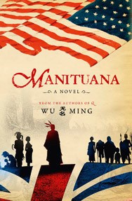 Book cover for Manituana, by Wu Ming, with a U.S. flag at the top and silhouettes of Mohawks at the bottom