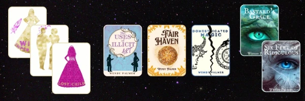 All my books covers shown on a starry black background (it’s just my mastodon header, I’m lazy)