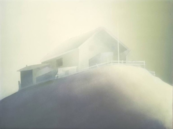 An eerie acrylic painting that looks very much like an old black and white photograph that has faded and slightly yellowed. The painting is of a house sitting at the top of a hill, with a fence around it and an out building sitting very close at the back.