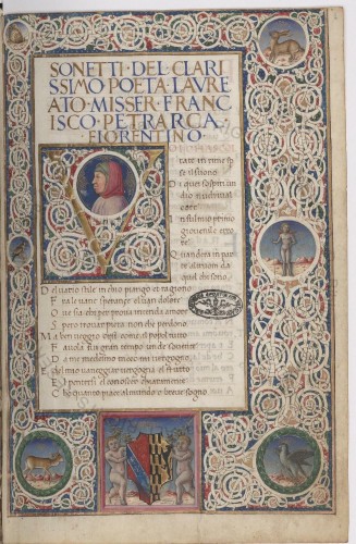 p.1 from Barb.lat.3962, a 15th C manuscript.  There are 5 lines of multi-color capitols for the rubric and a giant illuminated letter V to start the text.  All four borders are white vinework