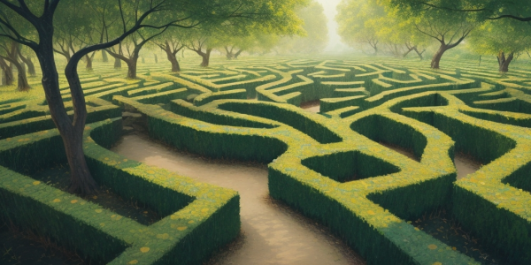 AI painting of maze-like pathways through a forest, representing obstacles to getting a formal autism diagnosis.