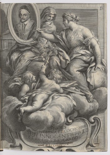 A large engraving-style drawing depicting a muse painting a portrait of Pope Innocent XI, from Vat.lat.10952