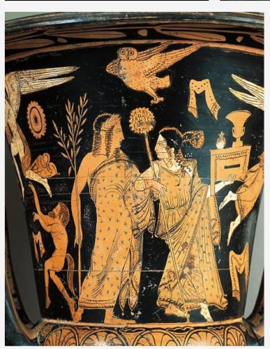Red-figure vase painting of Dionysos and his wife Ariadne. Both are clothed in richly decorated, patterned garments. An owl flies over their heads.