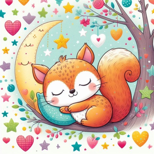 AI image of a squirrel, sleeping in  a tree. A moon in the background. A pillow under its head. Loads of colorful stars and hearts surround him. 