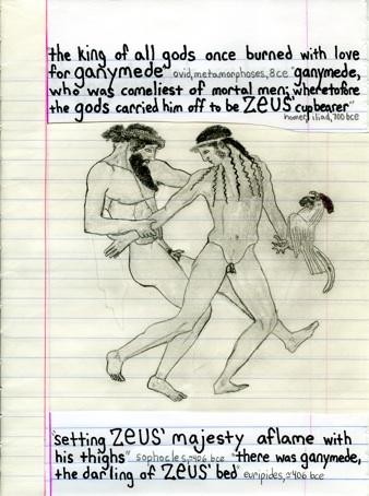 Ruled paper with a pencil drawing of a vase painting of Zeus gifting Ganymedes a cock, a common lover's gift, and taking him by the arm. Above the following quotes are written in cursive: "The king of all gods once burned with love for Ganymede. Ovid, Metamorphoses, 8 CE. Ganymede, who was the comeliest of mortal men; wheretofore the gods carried him off to be ZEUS' cupbearer. Homer, Iliad, 700 BCE." Below the pencil drawing, the following quotes are written in cursive: "Setting ZEUS' majesty aflame with his thighs. Sophocles, 406 BCE. There was Ganymede, the darling of ZEUS' bed. Euripides, 406 BCE".