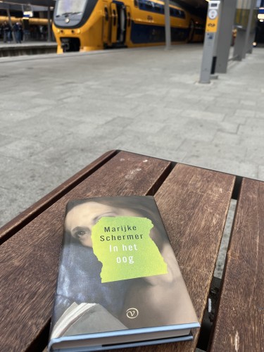 Het groen-beige-blauwe boek ‘In het oog’ van Marijke Schermer ligt op een houten bank met op de achtergrond een geel-blauwe trein. 