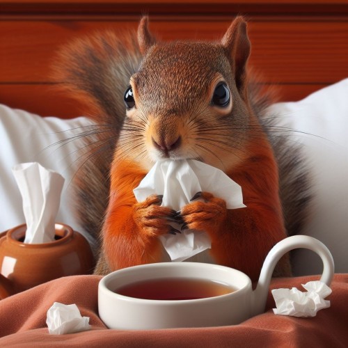 AI image of a squirrel in bed with tissues and tea