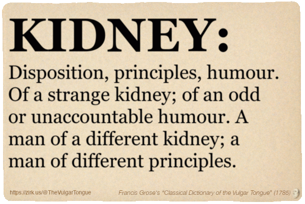 Image imitating a page from an old document, text (as in main toot):

KIDNEY. Disposition, principles, humour. Of a strange kidney; of an odd or unaccountable humour. A man of a different kidney; a man of different principles.

A selection from Francis Grose’s “Dictionary Of The Vulgar Tongue” (1785)