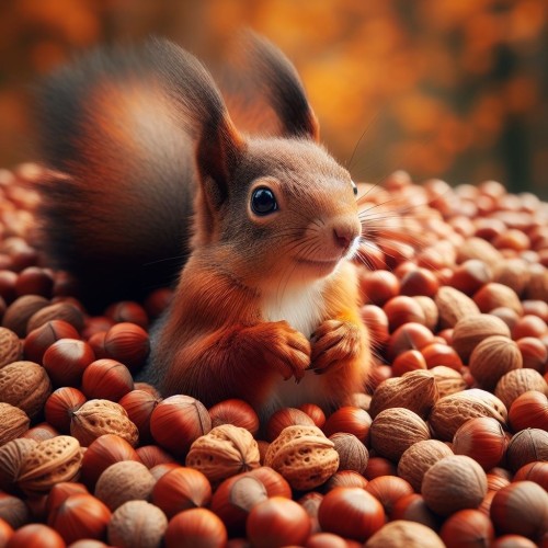 AI image of a happy squirrel, surrounded by loads of nuts!