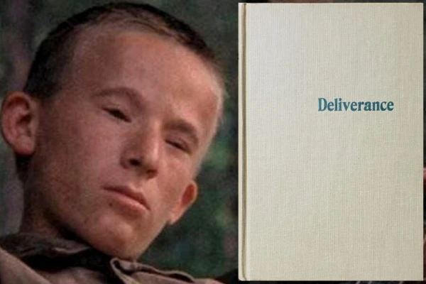 A composite image featuring a close-up the squinty-eyed banjo kid from the movie "Deliverance" alongside a jacket-less Book Club hardcover of the James Dickey novel.