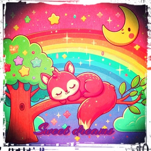 Silly edited AI image of a squirrel, sleeping on a long tree branch. There is a moon, there are stars and... A rainbow 😂 I asked for rainbow colors, but got a rainbow instead haha! Text on the image says "Sweet dreams".
