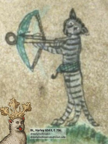 Picture from a medieval manuscript: A cat with a crossbow.