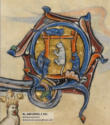 Picture from a medieval manuscript: A group of blue mice hanging a cat